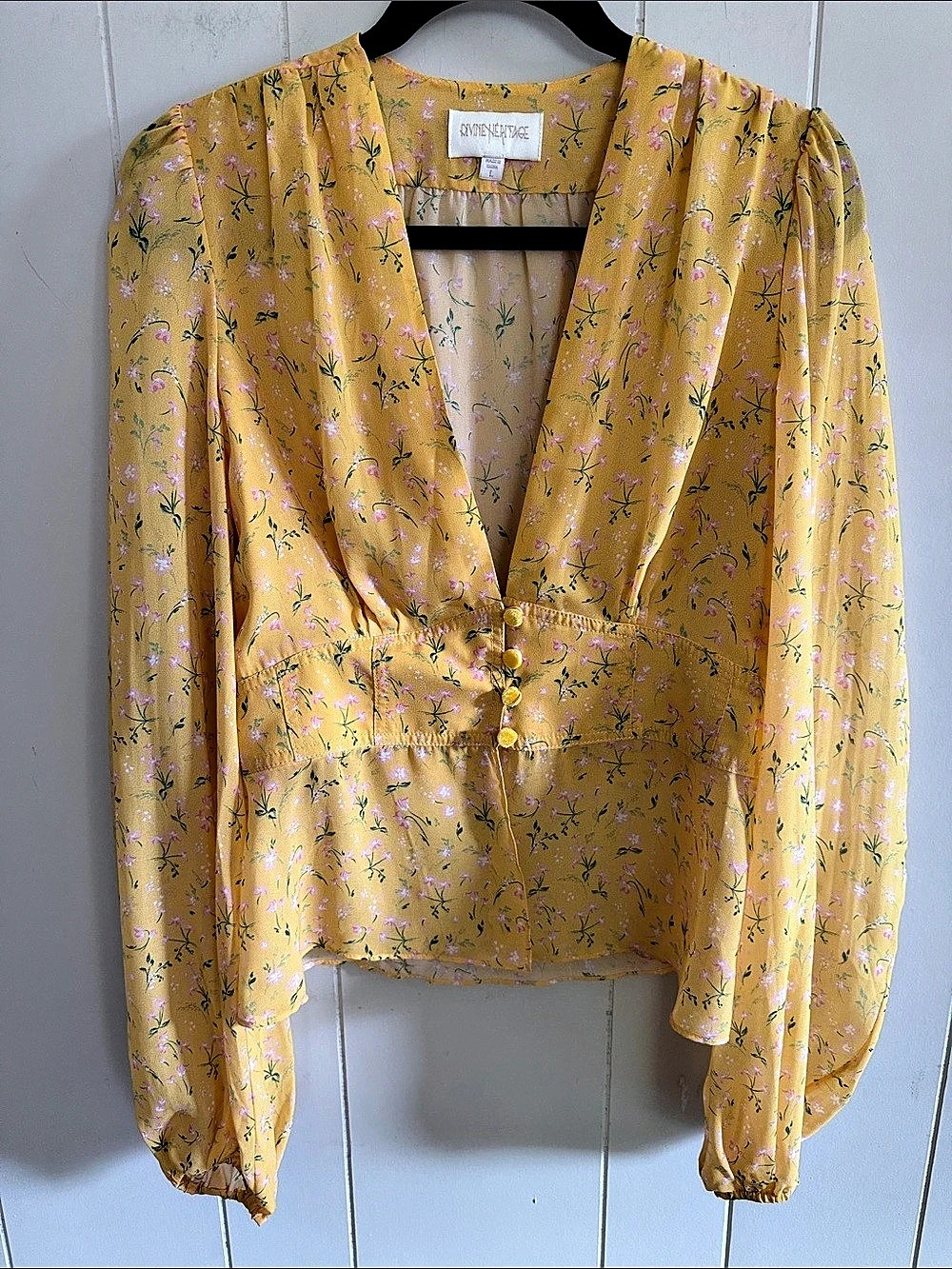 Divine Heritage Floral Blouse Yellow Large Cottagecore Prairie Coquette Romantic